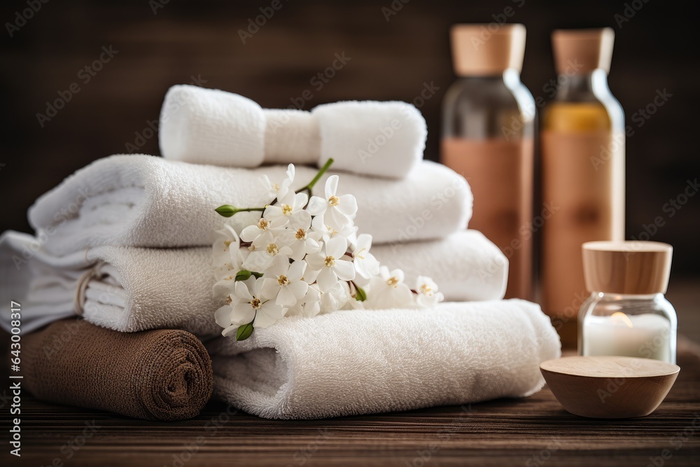 A spa and wellness environment adorned with beautiful flowers and neatly arranged towels offering natural products for a serene day spa experience
