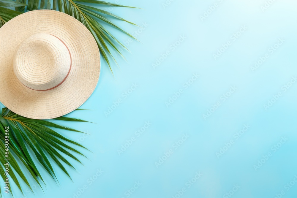 a hat, and a coconut placed on a soft pastel blue backdrop