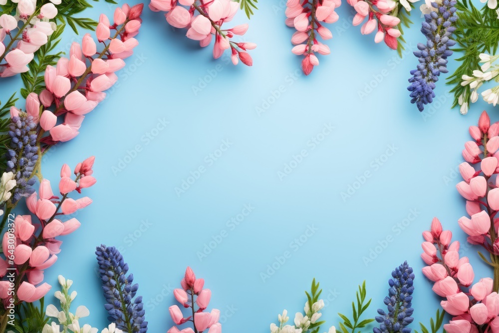 A summer-themed scene with blue and pink lupine flowers set against a blue background. 