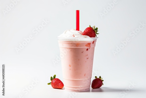 A strawberry and cream flavored drink, such as a frappuccino, latte, or milkshake, served in a to-go cup against a white backdrop.