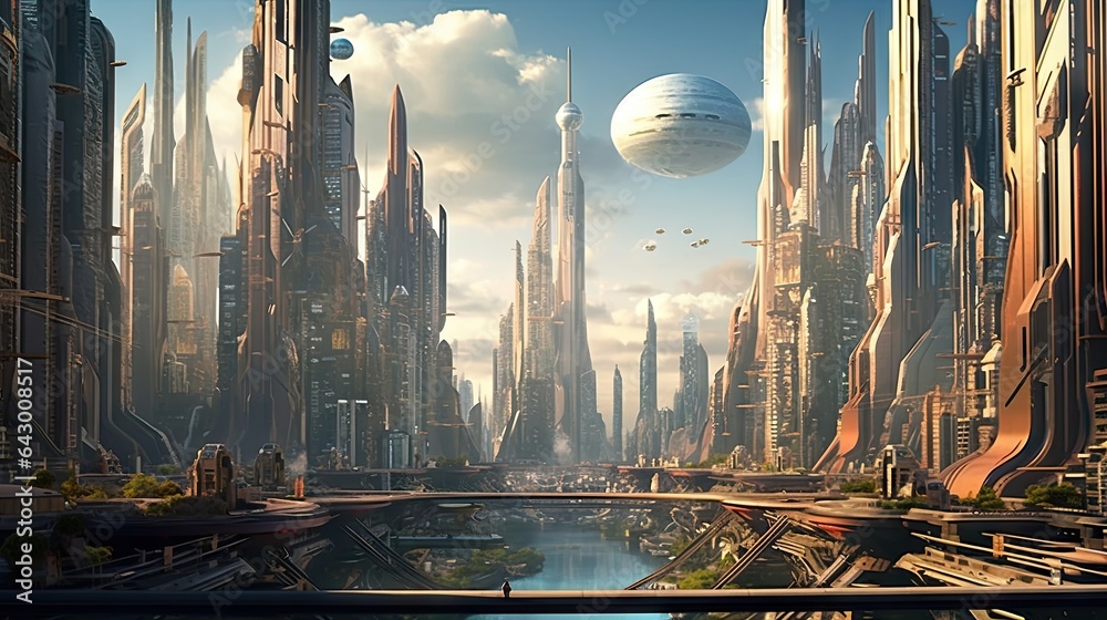 Fototapeta premium a futuristic city with lots of tall buildings in the distance, and an alien spaceship flying over it's head