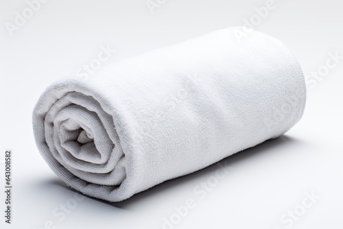 A white background showcases a soft towel made of terry cloth rolled up neatly