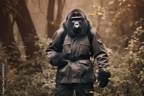 photo portrait of happy gorilla wearing travel clothes