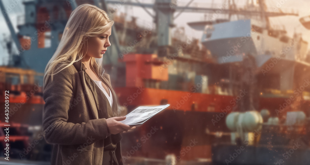Fototapeta premium Double Exposure businesswoman planning logistic on smart phone. Businesswoman planning about shipping on tablet in front of cargo port. Generative AI.