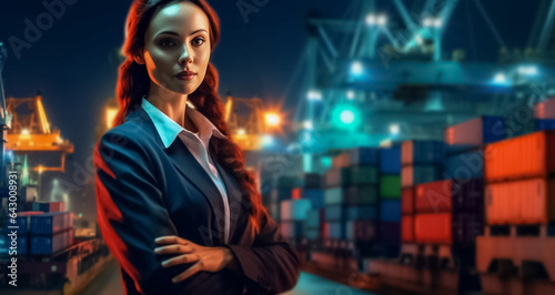 Double Exposure businesswoman planning logistic on smart phone. Businesswoman planning about shipping on tablet in front of cargo port. Generative AI.