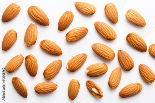 Almond nuts positioned on a white background, seen from above. The arrangement is flat with the nuts spread out.