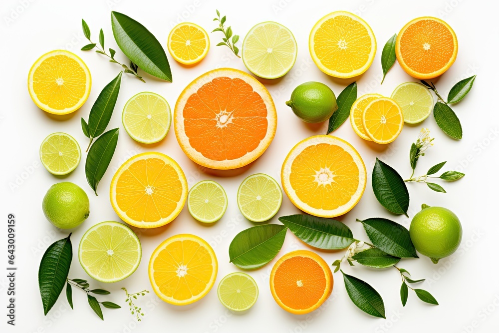 Arrangement of assorted citrus fruits displayed on a white background in a flat lay style. Arrangement of assorted citrus fruits displayed on a white background in a flat lay style.
