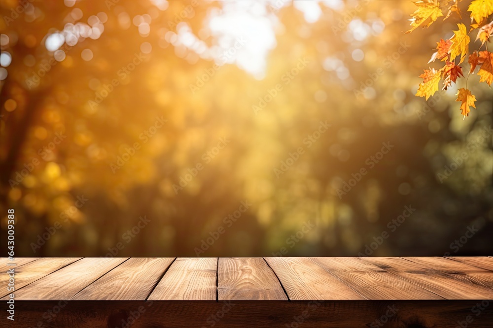 Autumn forest with sunlight empty rustic wood table ideal for online product display and thanksgiving advertising Autumn forest with sunlight empty rustic wood table ideal for online product display and thanksgiving advertising