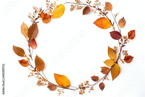 Autumn themed frame composed of dried leaves and twigs isolated on a white background with space for text