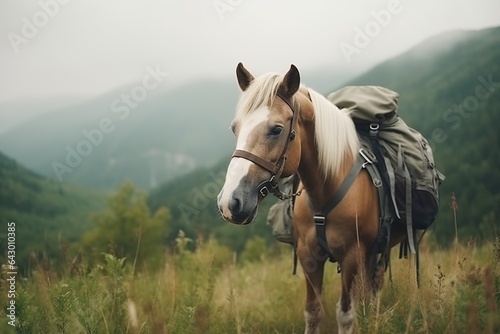 photo portrait of happy horse wearing travel clothes