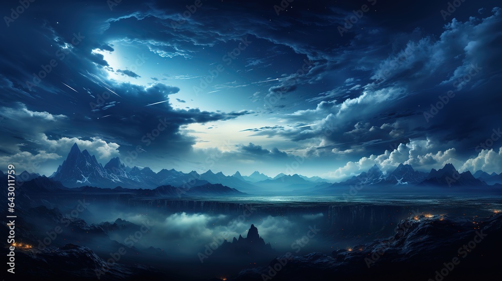Fantasy landscape with mountains and dark clouds
