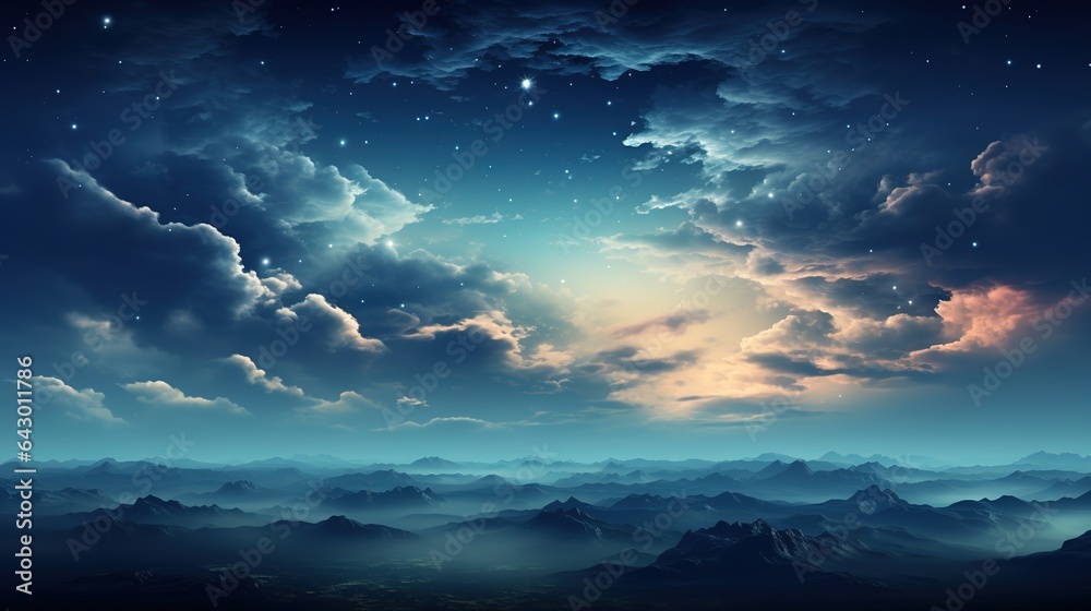 Fantasy landscape with mountains, clouds and stars in the night sky