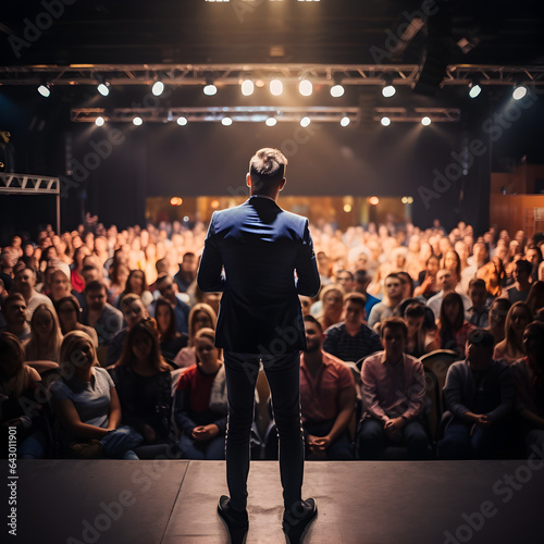 Behind view of a businessman or motivational speaker talking to a large room of people. A business and public speaking concept at a seminar. Generative ai. 