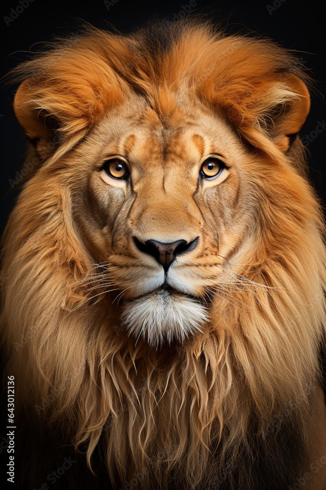 Portrait of a lion on a black background. Animal theme.