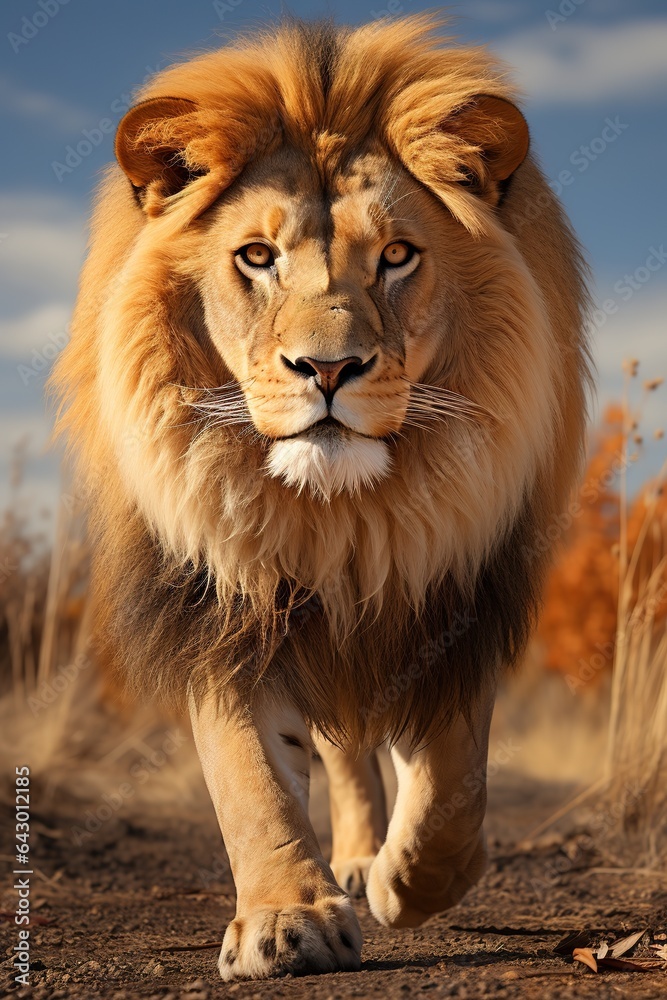 Obraz premium Portrait of a male lion in the savannah. Animal portrait.