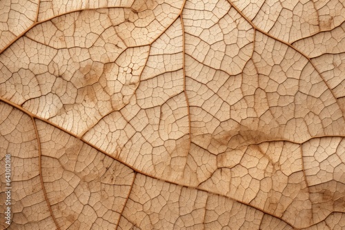 Close up of dry leaf fiber structure showcasing cell patterns and veins serving as an abstract autumn background for creative designs or greeting cards