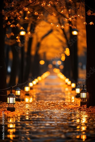 Lanterns on the road at night in the park.
