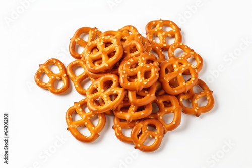 Close up photography of mini pretzels on a white background featuring crunchy cracker pretzels sprinkled with salt