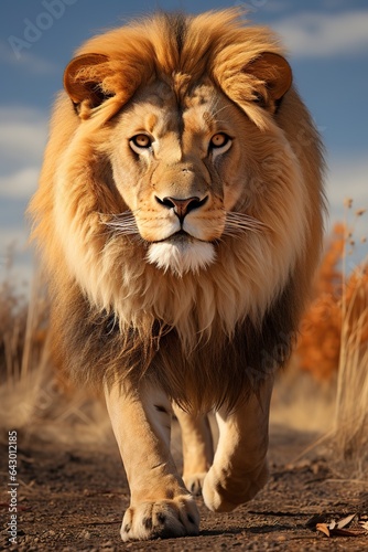 Portrait of a male lion in the savannah. Animal portrait.