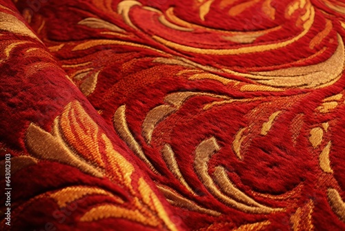 Closeup of abstract pattern on an oriental red gold carpet tapestry texture