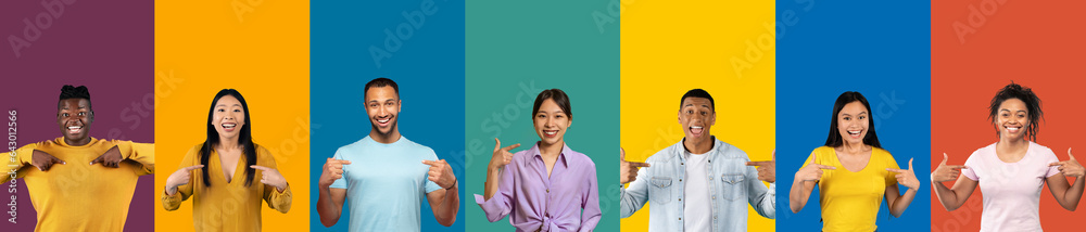 Group of diverse millennial people pointing at themselves, collage Group of diverse millennial people pointing at themselves, collage