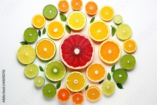Colorful citrus fruits arranged creatively, viewed from above and placed on a clean white background.