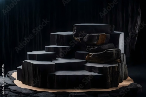 natural cubic black wood rock cosmetic podium scenery with quartzite in the photo studio