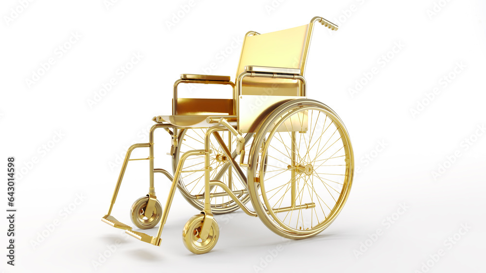 3D render of golden Wheelchair isolated on white background