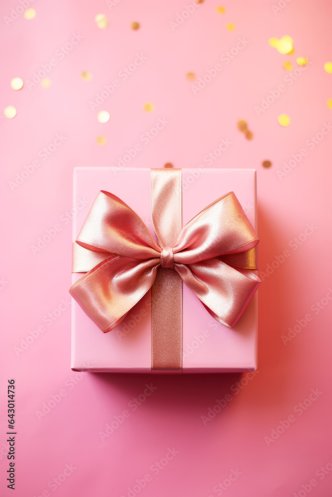 A pink bow on a pink present with pink background - with space for text A pink bow on a pink present with pink background - with space for text