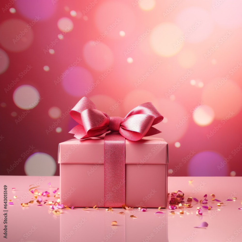 A pink bow on a pink present with pink background - with space for text