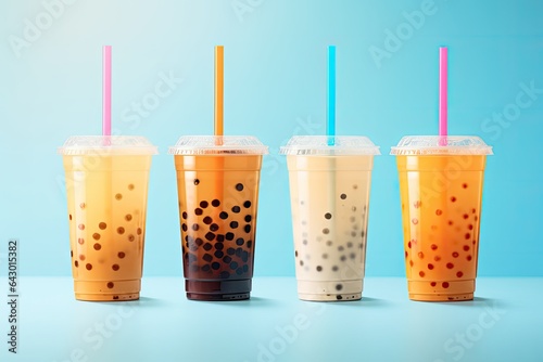 Different types of Bubble Tea served in plastic cups with beverage straws on a blue backdrop. Emphasizing the idea of take-out drinks.