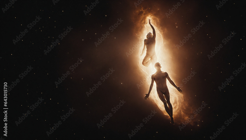 burning light silhouette of woman and man two souls flying in space, leaving earth to heaven, generative AI