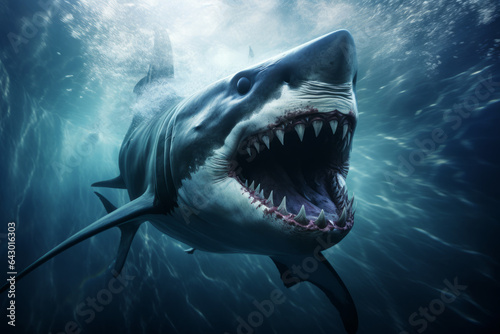 Scary megalodon (extinct prehistoric shark) under water