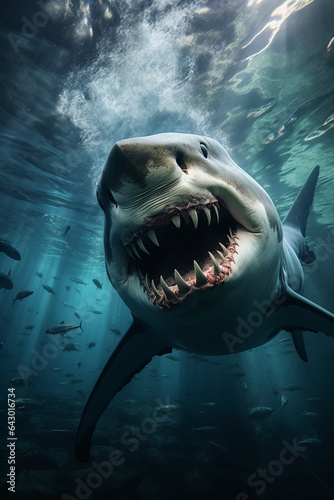 Scary megalodon  extinct prehistoric shark  under water
