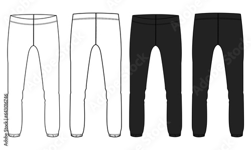 Leggings pants technical drawing fashion flat sketch vector illustration black and white color template for ladies.
