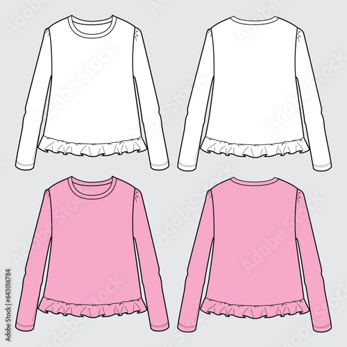 White and purple color long sleeve t shirt blouse tops technical drawing fashion flat sketch vector illustration for baby girls.
