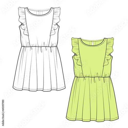 Baby girls dress design technical drawing fashion  Flat sketch vector illustration template.