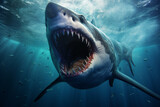 Scary megalodon (extinct prehistoric shark) under water
