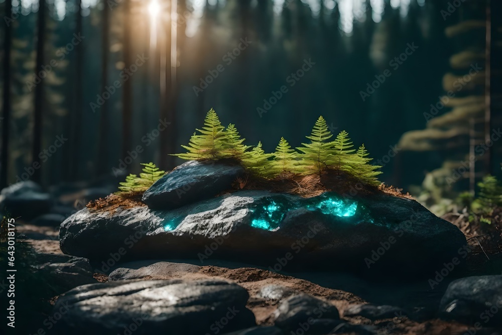 flat iridescent rock cosmetic podium scenery with black rock in the forest beautiful materials