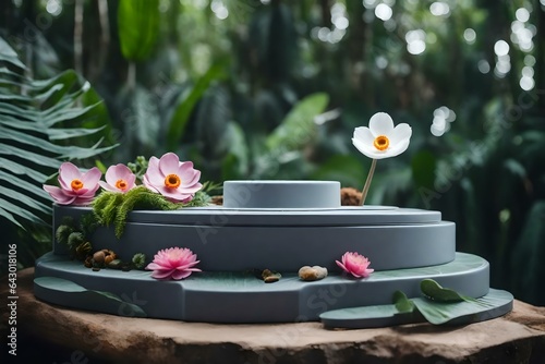 flat grey plastic cosmetic podium scenery with anemone flower in the tropical forest hyperrealistic materials © The Big L