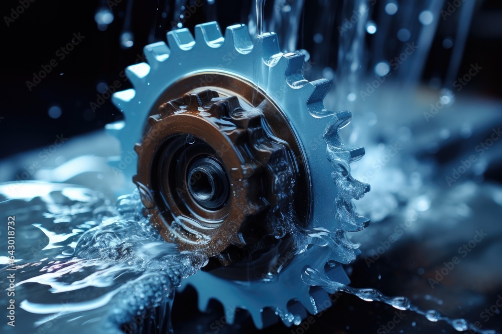 Freezing the motion we observe a toothed gear wheel splashed with oil