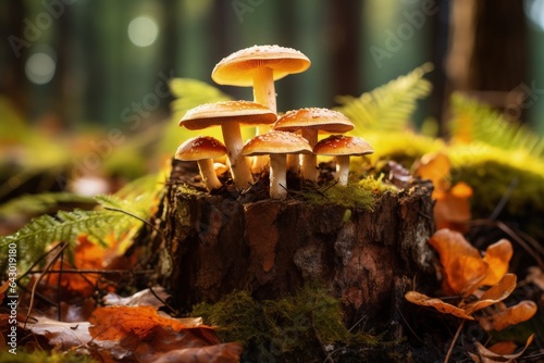 Fototapeta Naklejka Na Ścianę i Meble -  Fungi group on a spruce stump in autumn forest