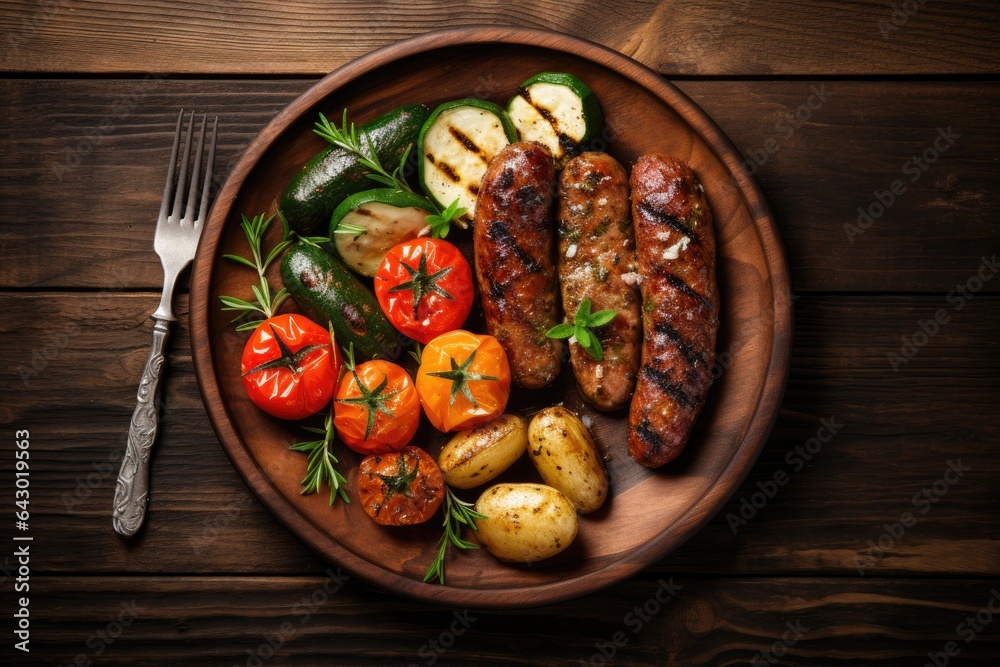 Grilled sausages and vegetables on rustic wooden background Overhead view