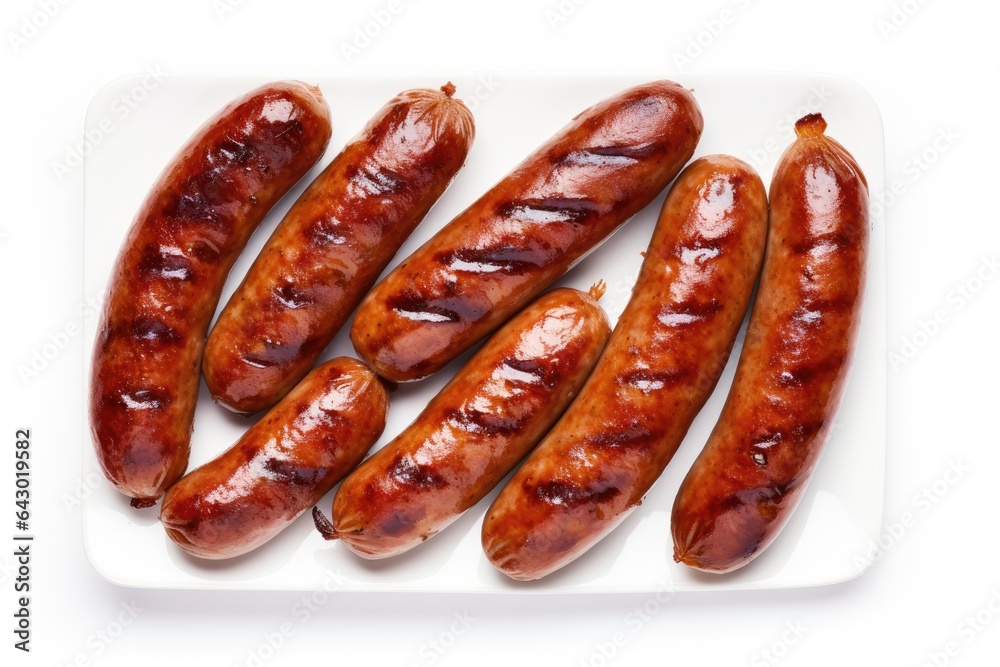Grilled sausages white background top view Grilled sausages white background top view