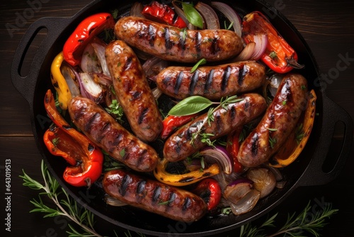 Grilled Italian sausage with peppers onions herbs and tomatoes closeup in a frying pan on the table
