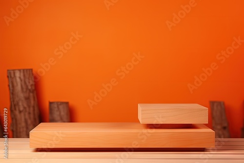 Halloween mockup of wooden podiums on an orange background Wood represents product presentation Natural materials concept Minimal composition
