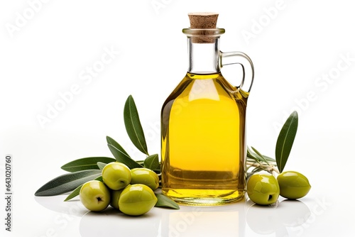 Isolated white background with premium olive oil bottle and olives