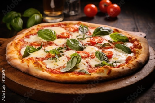 Italian pizza with mozzarella cheese and tomato topped with fresh basil on a thick crust