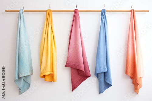 Kitchen towels suspended alone against a white backdrop