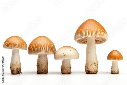Mushrooms gathered and separated on a white backdrop used as nourishment